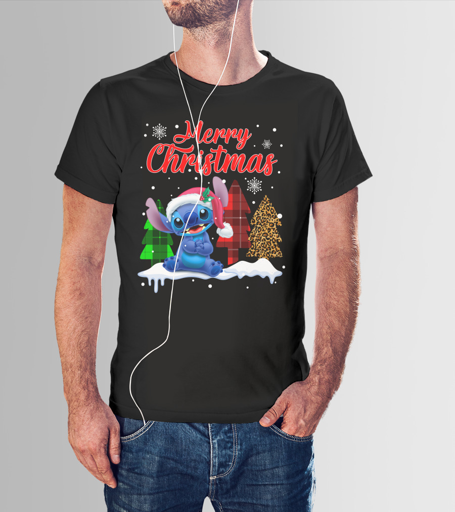 Merry Christmas Stitch Santa Hat Snow Plaid Trees T-Shirt