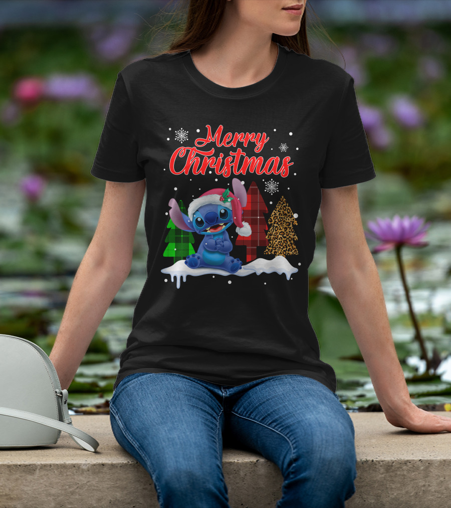 Merry Christmas Stitch Santa Hat Snow Plaid Trees T-Shirt