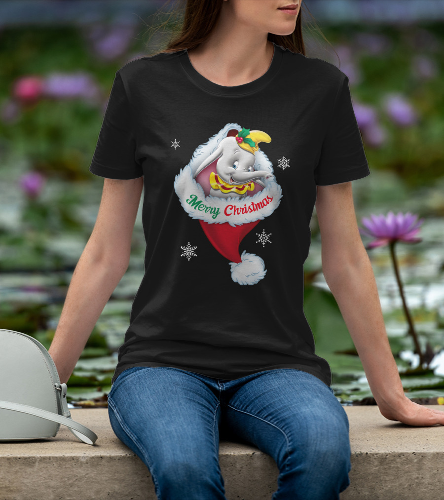 Dumbo Merry Christmas Santa Hat Snowflakes T-Shirt