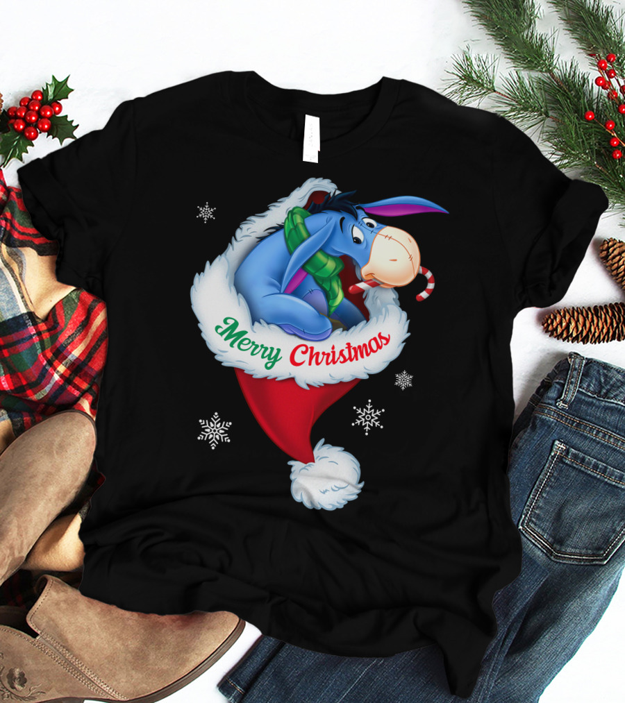 Eeyore Merry Christmas Santa Hat Snowflakes T-Shirt
