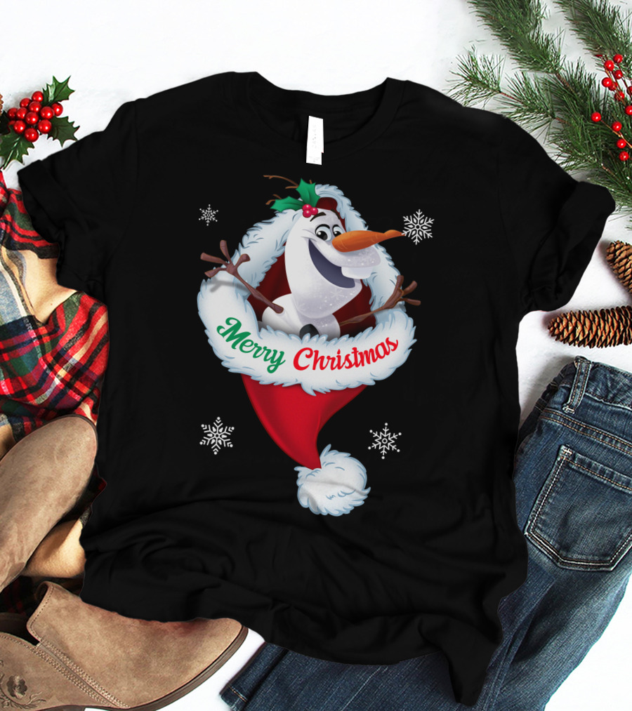Olaf Merry Christmas Santa Hat With Snowflakes T-Shirt