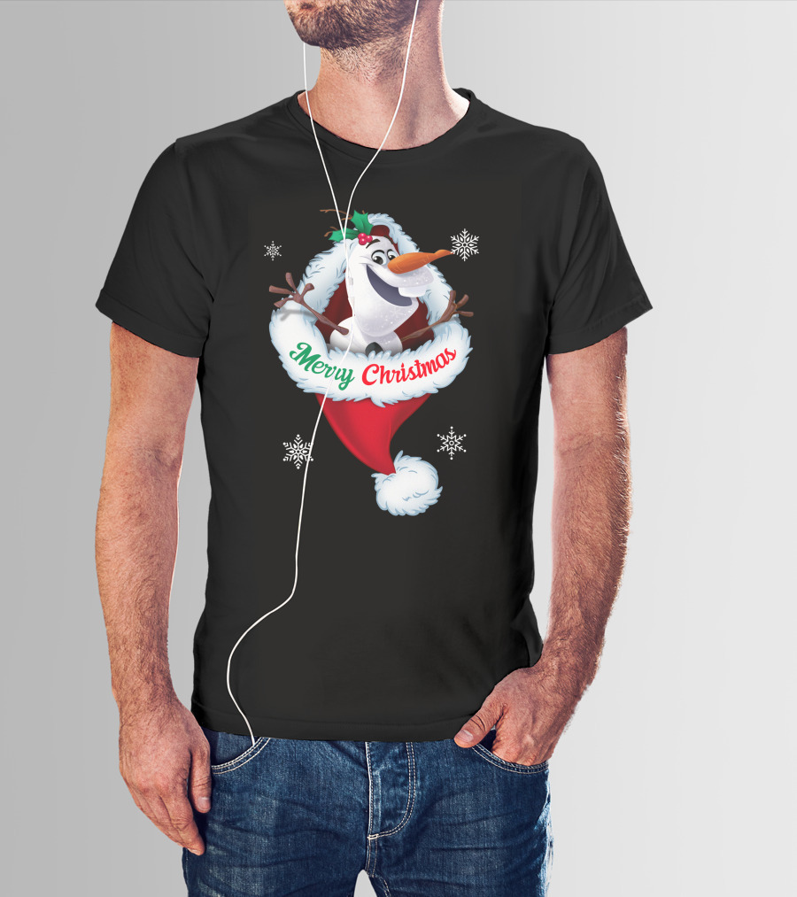 Olaf Merry Christmas Santa Hat With Snowflakes T-Shirt