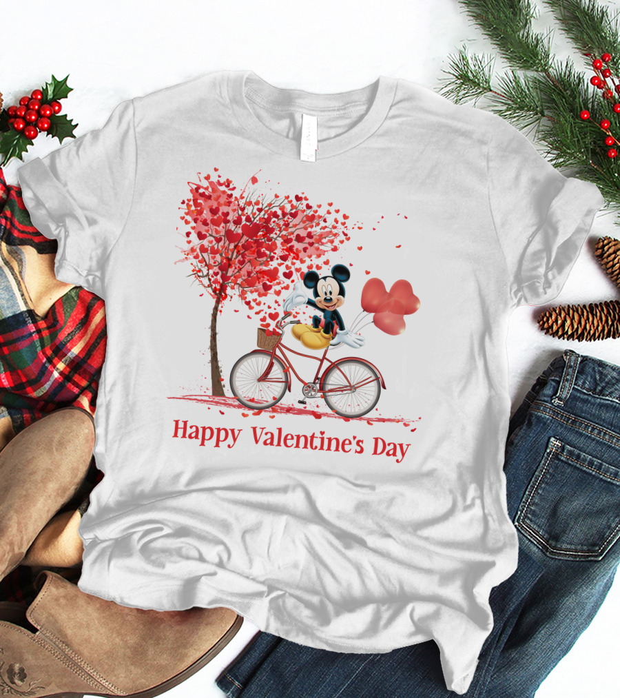 Happy Valentine's Day Mickey Mouse Hearts Bicycle Red Tree T-Shirt