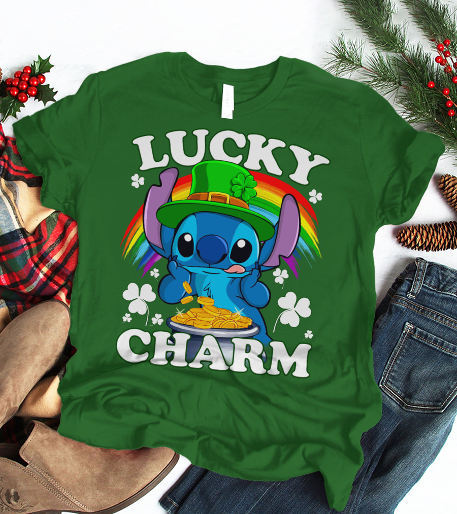 Lucky Charm Stitch Rainbow Pot Of Gold Clover Hat T-Shirt