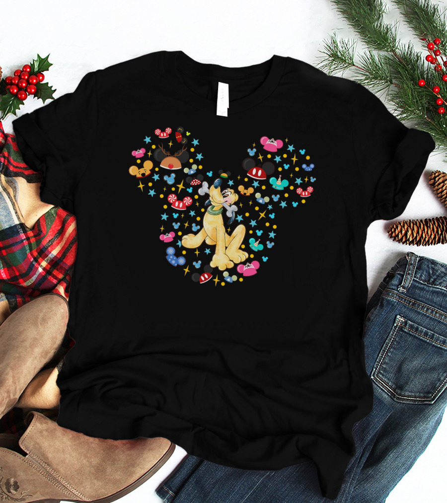 Pluto Surrounded By Mickey Mouse Ears And Holiday Icons T-Shirt