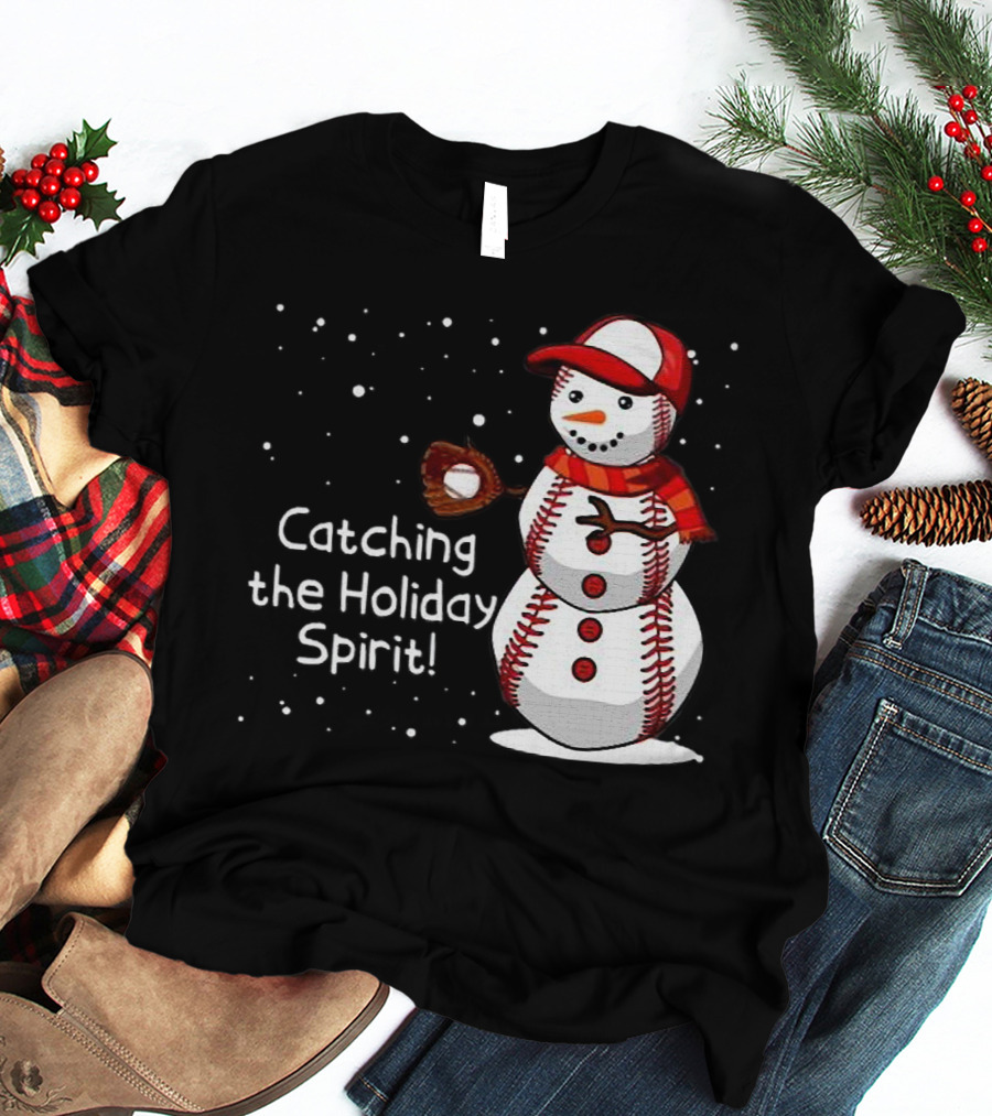 Catching The Holiday Spirit Baseball Snowman With Red Cap And Mitt T-Shirt