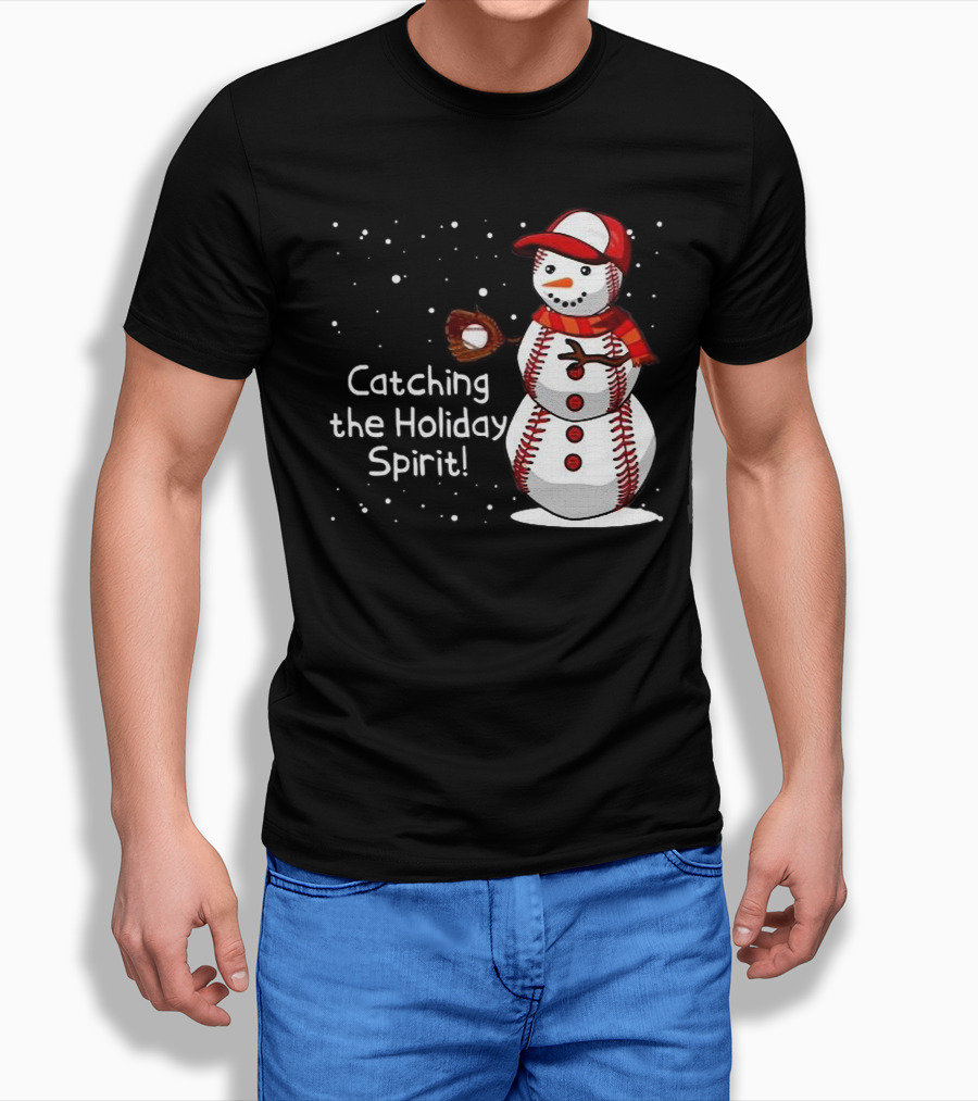 Catching The Holiday Spirit Baseball Snowman With Red Cap And Mitt T-Shirt