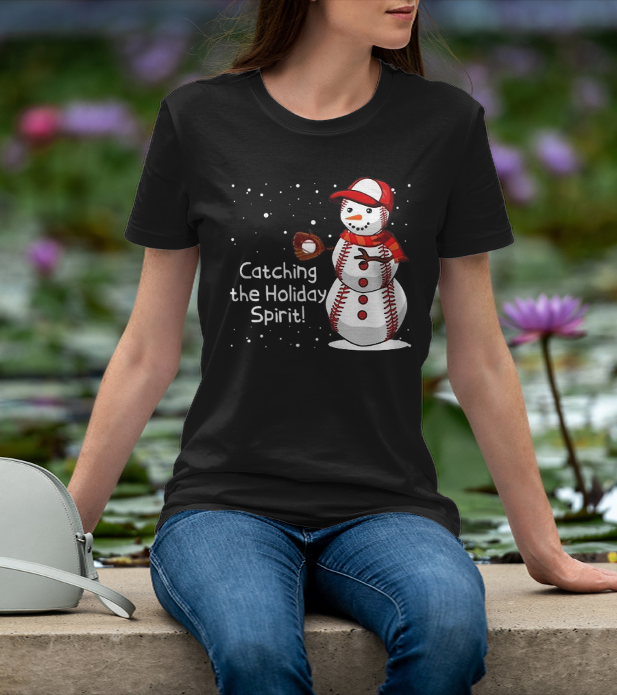 Catching The Holiday Spirit Baseball Snowman With Red Cap And Mitt T-Shirt