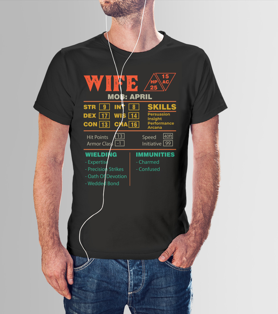 Wife Character Sheet April Mob Stats Skills Hit Points Armor Class Wielding Immunities T-Shirt