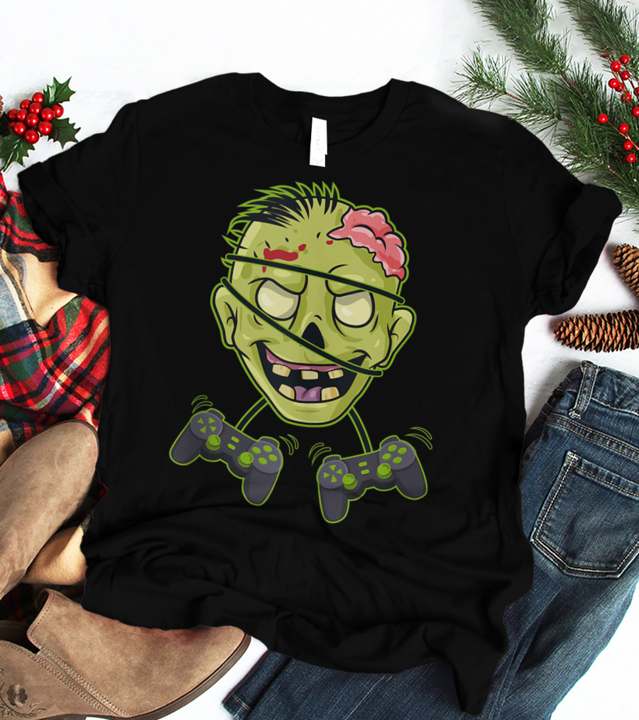 Halloween Zombie Gamer Controller Head With Split Expression T-Shirt