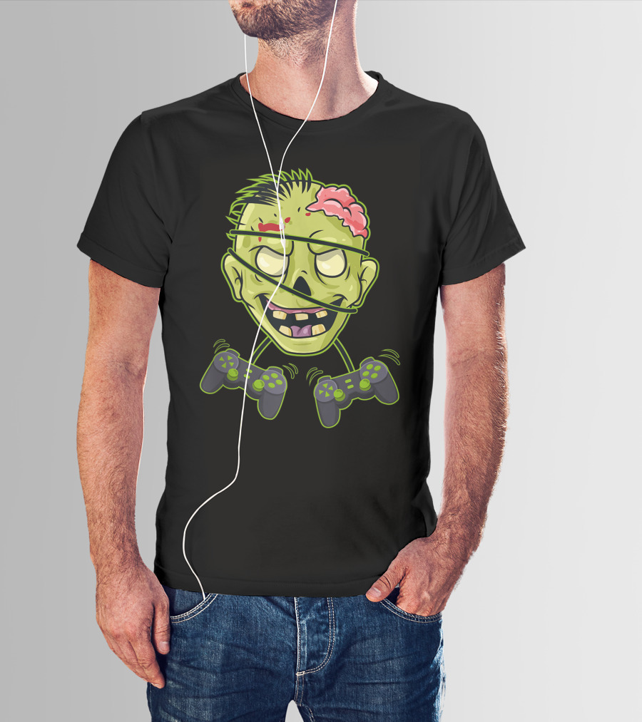 Halloween Zombie Gamer Controller Head With Split Expression T-Shirt