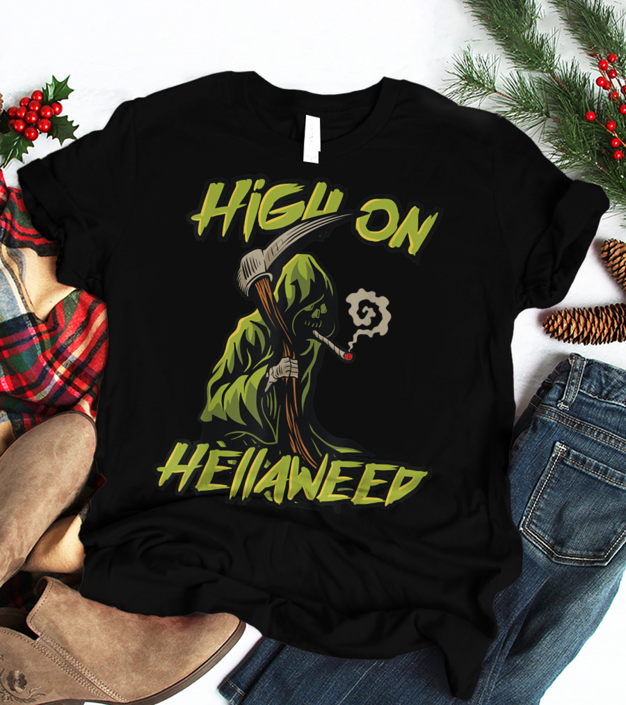High On Hellaweed Grim Reaper Smoking Weed THC CBD T-Shirt