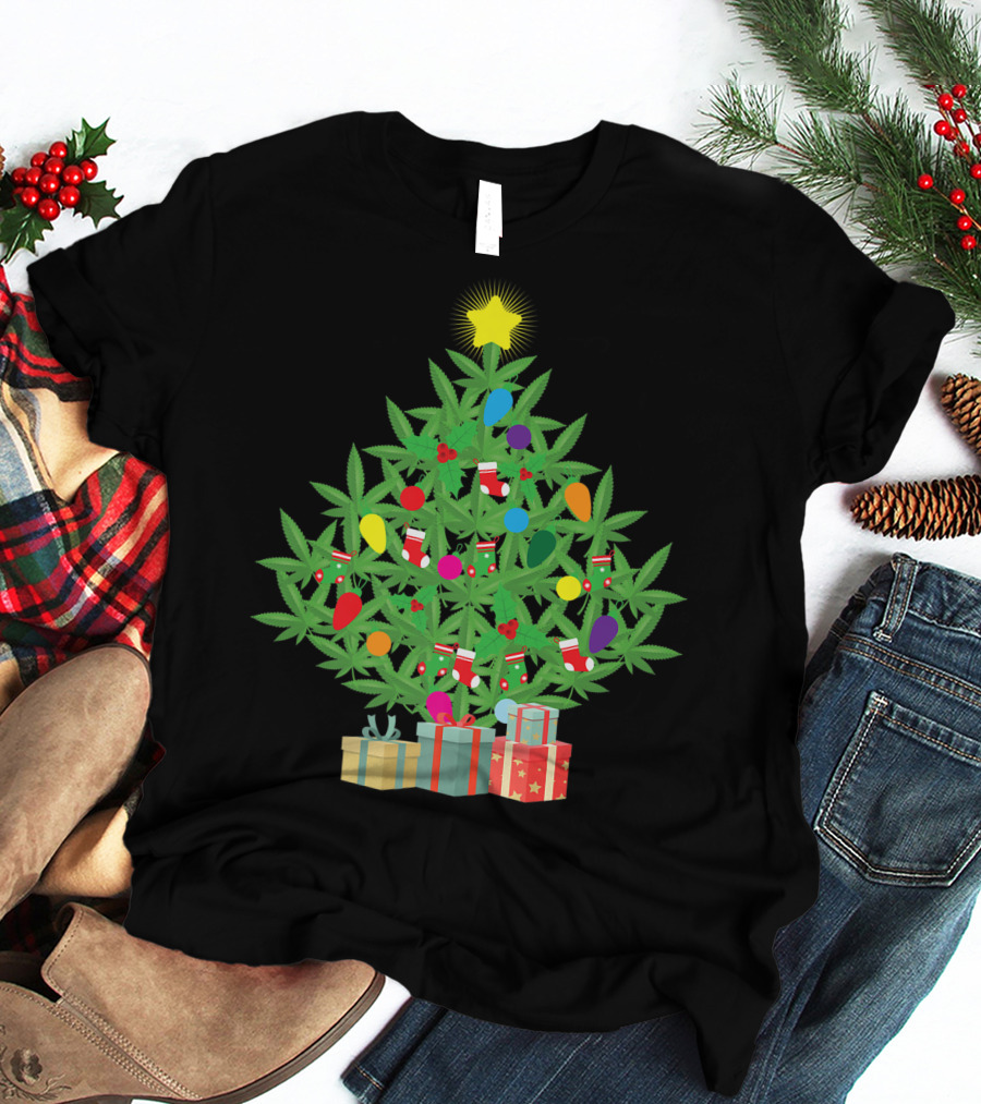Cannabis Leaf Christmas Tree With Star And Colorful Holiday Lights T-Shirt