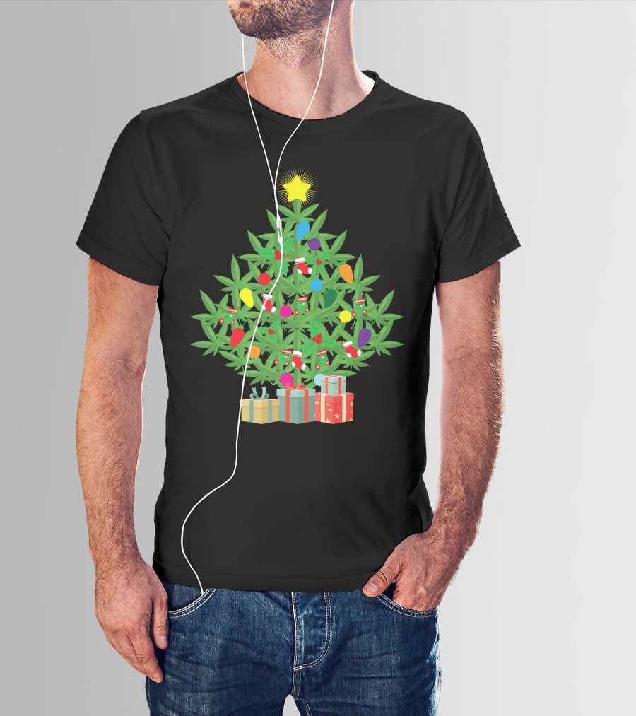 Cannabis Leaf Christmas Tree With Star And Colorful Holiday Lights T-Shirt