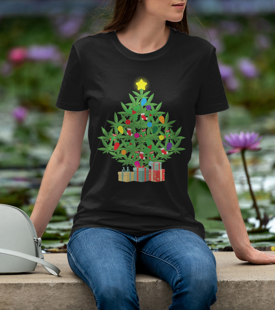 Cannabis Leaf Christmas Tree With Star And Colorful Holiday Lights T-Shirt