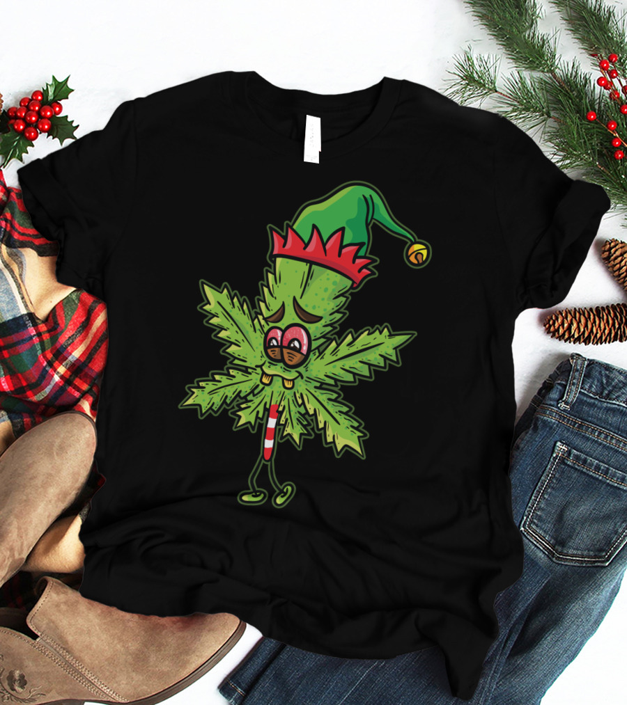 Stoned Elf Cannabis Leaf With Festive Hat Smoking Weed Elves T-Shirt