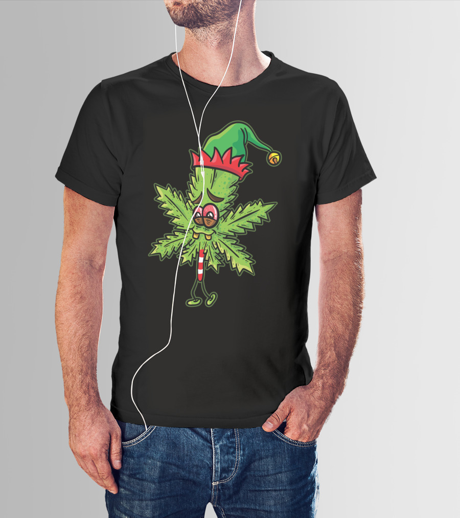 Stoned Elf Cannabis Leaf With Festive Hat Smoking Weed Elves T-Shirt
