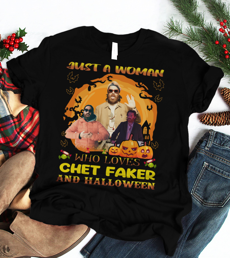 Just A Woman Who Loves Chet Faker And Halloween With Pumpkins And Bats T-Shirt