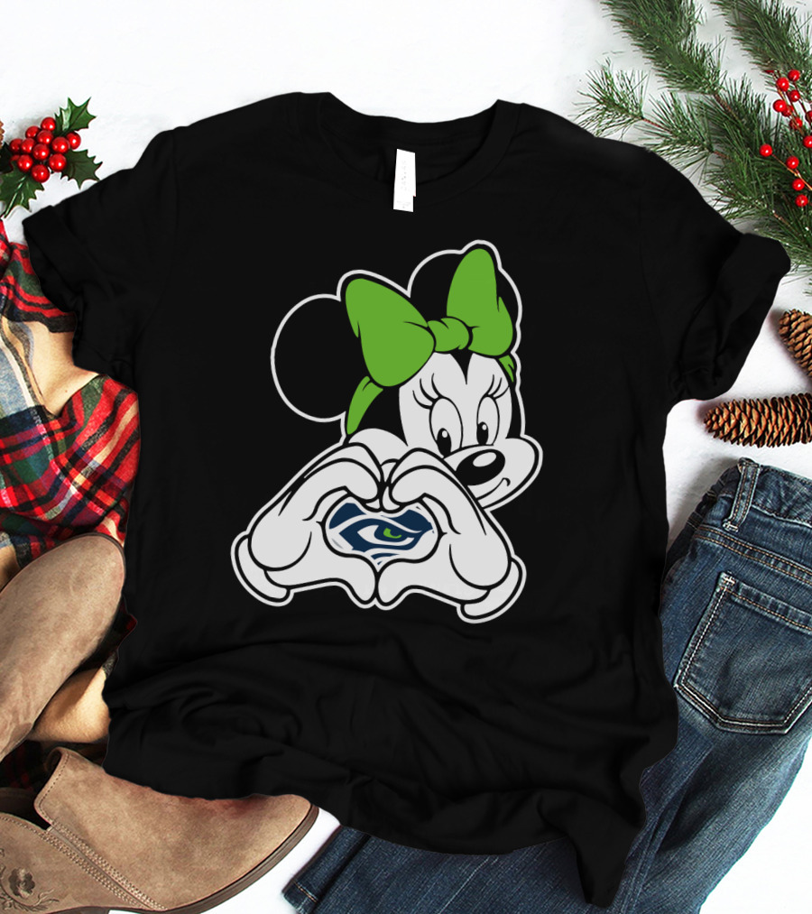 Seattle Seahawks Minnie Mouse Heart Hands Green Bow T-Shirt