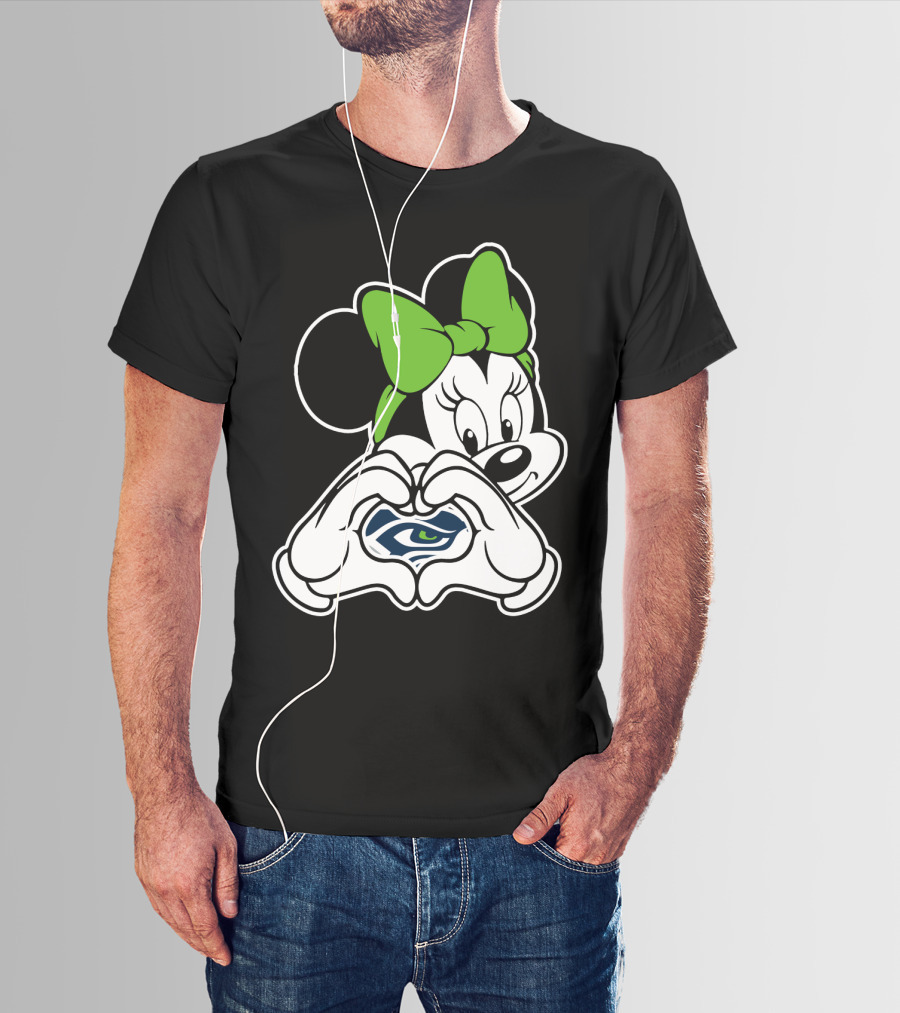 Seattle Seahawks Minnie Mouse Heart Hands Green Bow T-Shirt