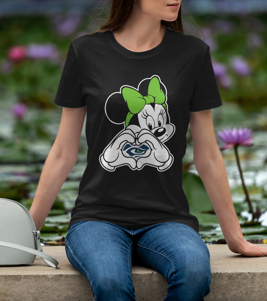 Seattle Seahawks Minnie Mouse Heart Hands Green Bow T-Shirt