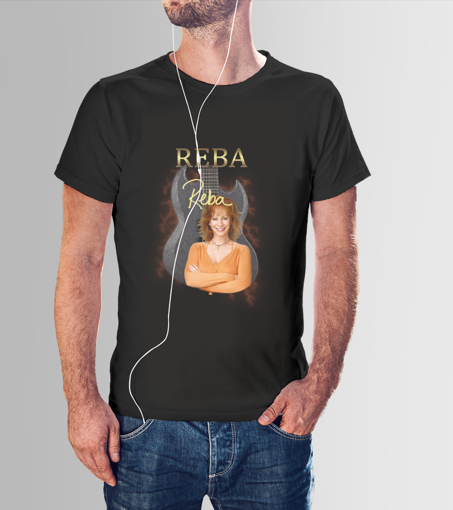 REBA Signature Guitar With Portrait On Black Electric Background T-Shirt