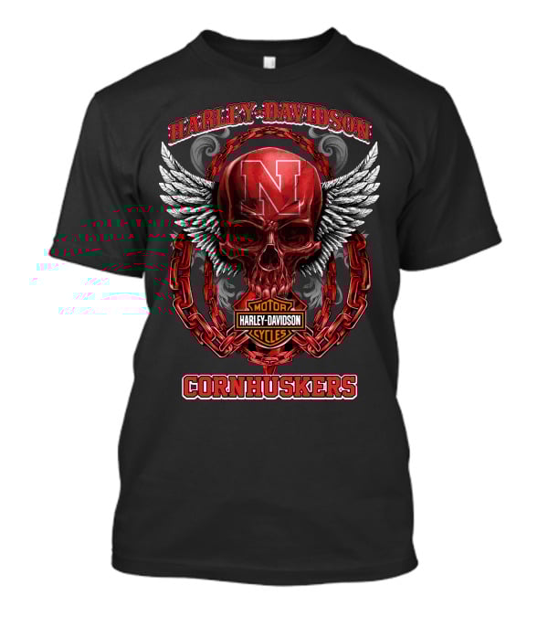 Harley Davidson Nebraska Cornhuskers Skull Wings Chain T-Shirt