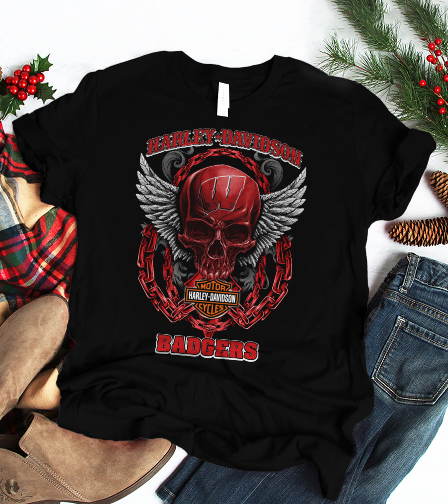 Harley Davidson Wisconsin Badgers Winged Skull T-Shirt