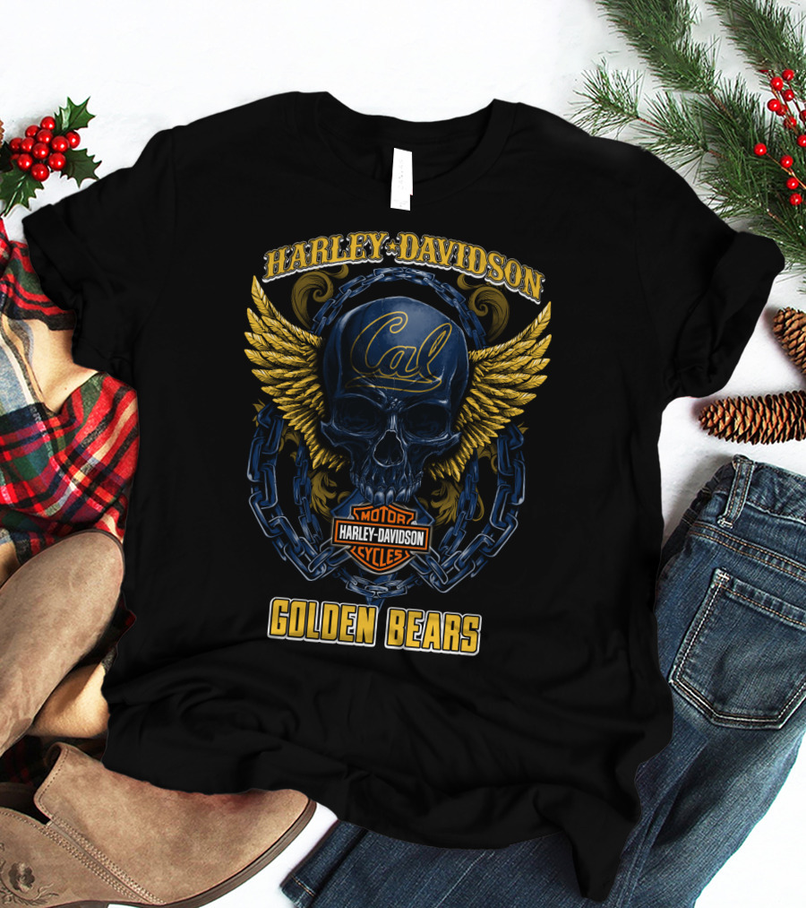Harley Davidson Cal Golden Bears Skull With Wings And Chains T-Shirt