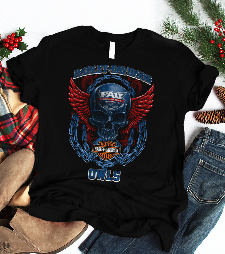 Harley Davidson Florida Atlantic Fau Owls Skull And Wings T-Shirt
