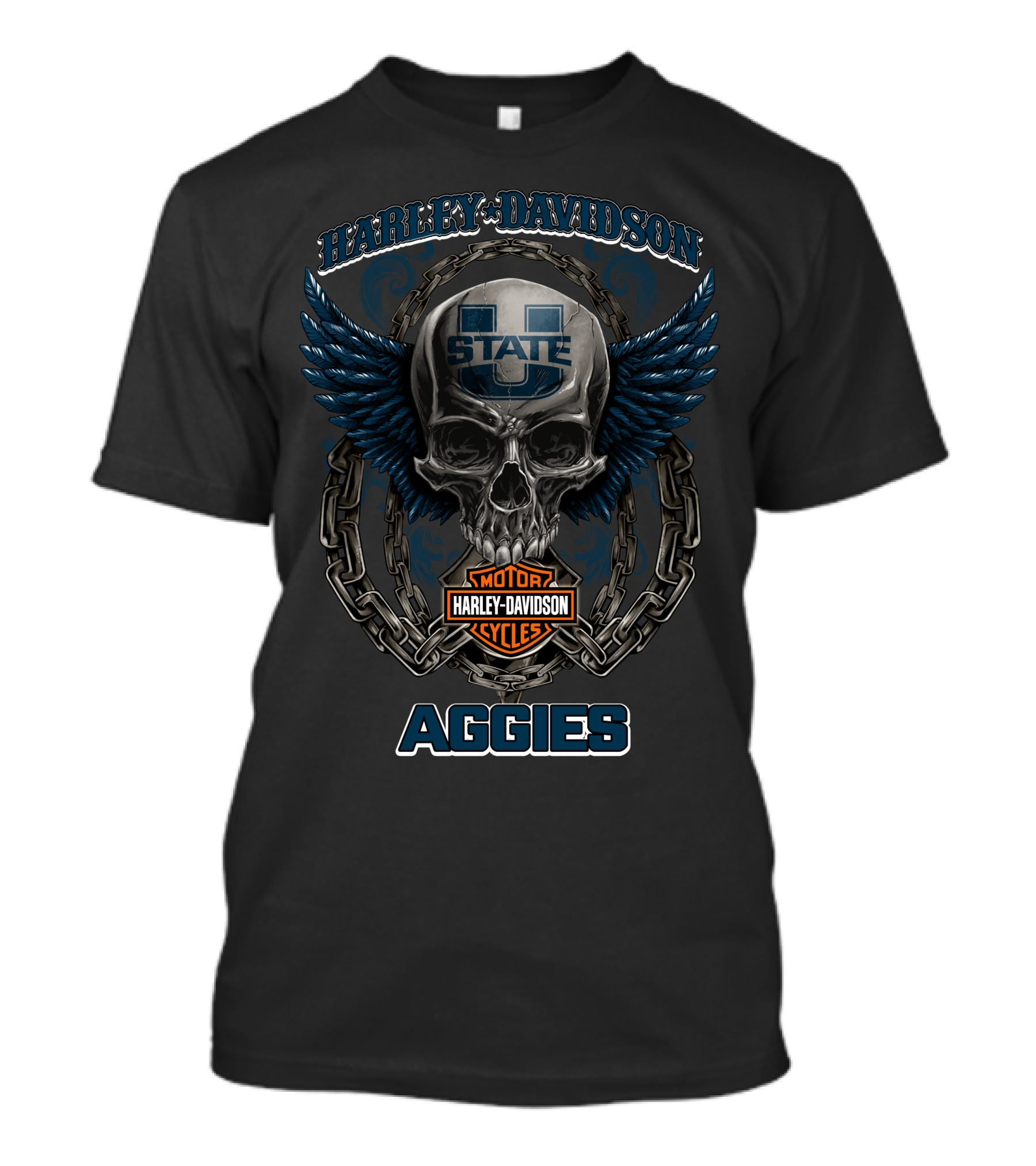 Harley Davidson Utah State Aggies Football Skull With Wings And Chains T-Shirt