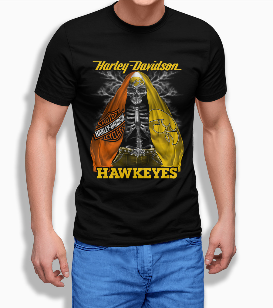 Harley Davidson Iowa Hawkeyes Skull Skeleton With Orange Yellow Flags And Hawkeyes T-Shirt