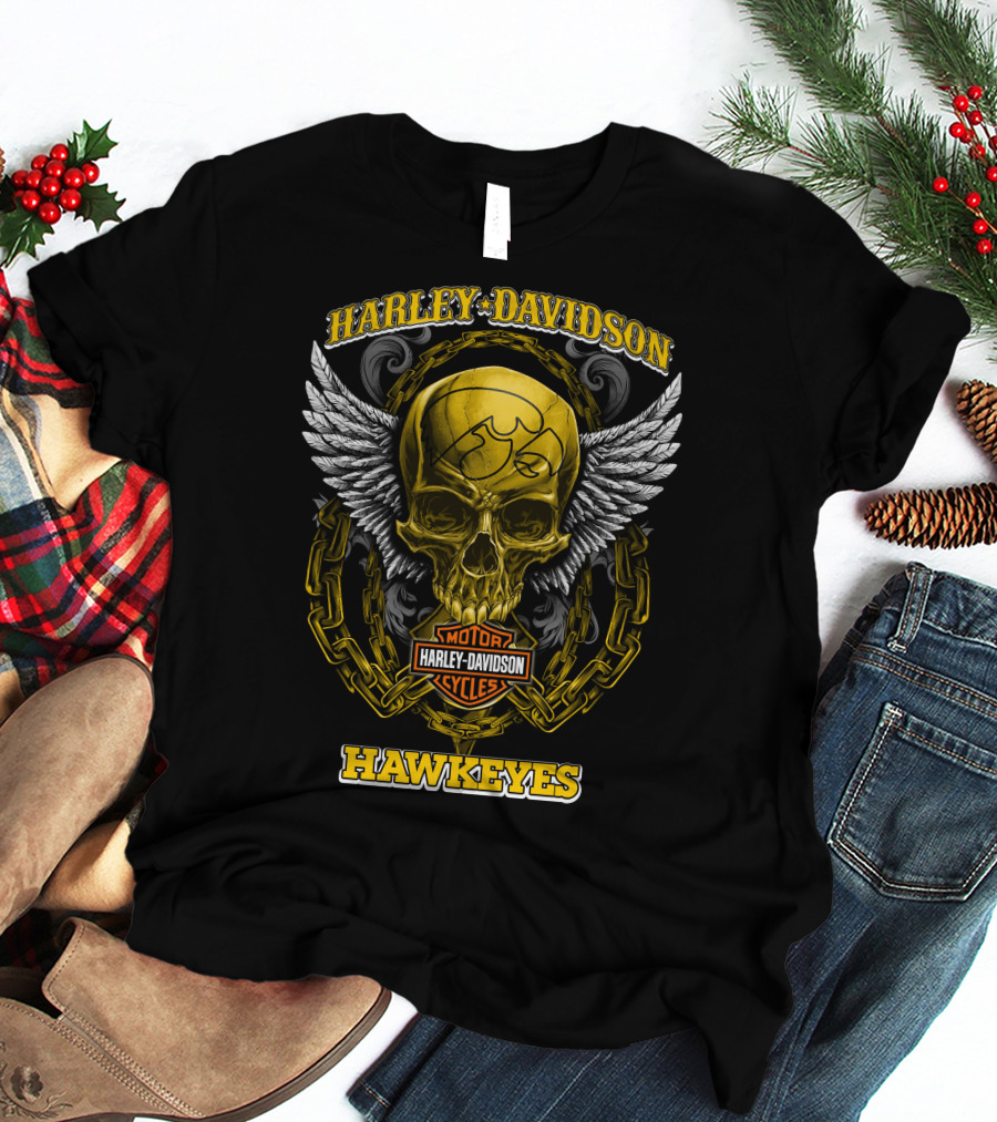 Harley Davidson Motor Cycles Hawkeyes Skull Wings T-Shirt