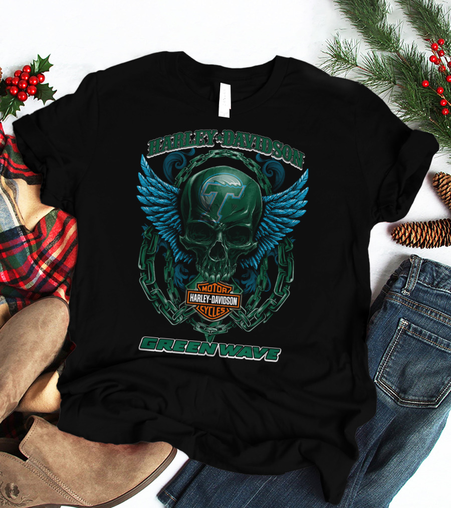 Harley Davidson Motorcycles Tulane Green Wave Skull Wings T-Shirt