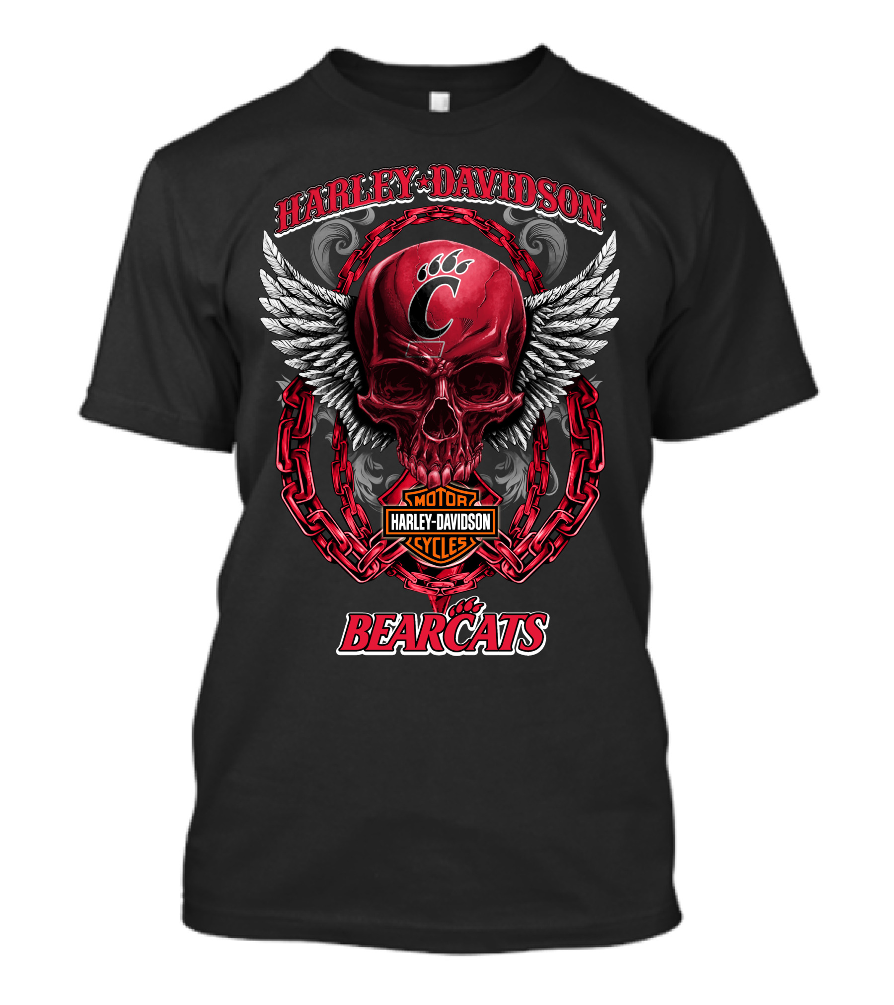 Harley Davidson Motor Cycles Cincinnati Bearcats Skull With Wings And Chains T-Shirt