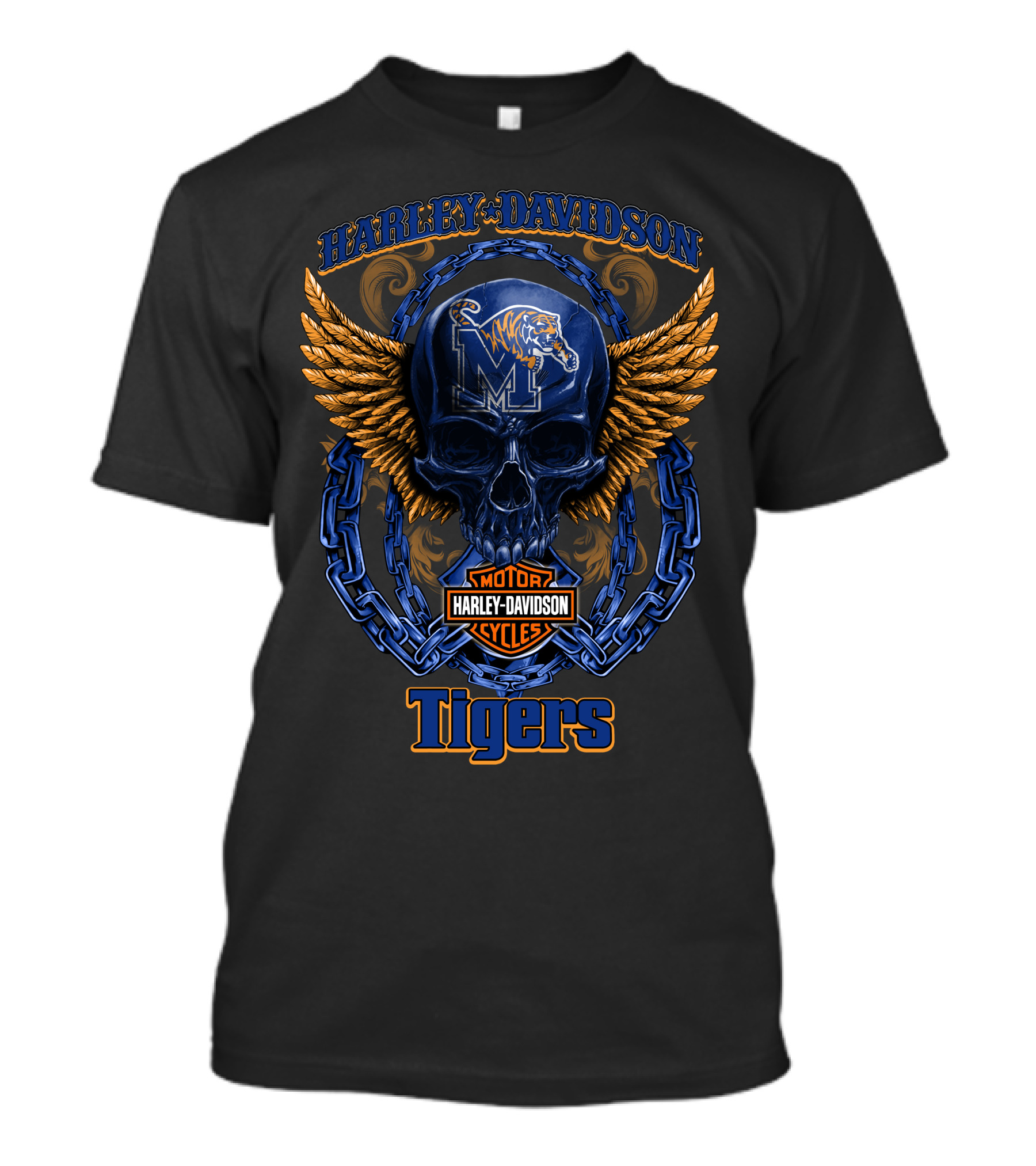 Harley Davidson Memphis Tigers Ncaa3 Skull Wings Chain T-Shirt