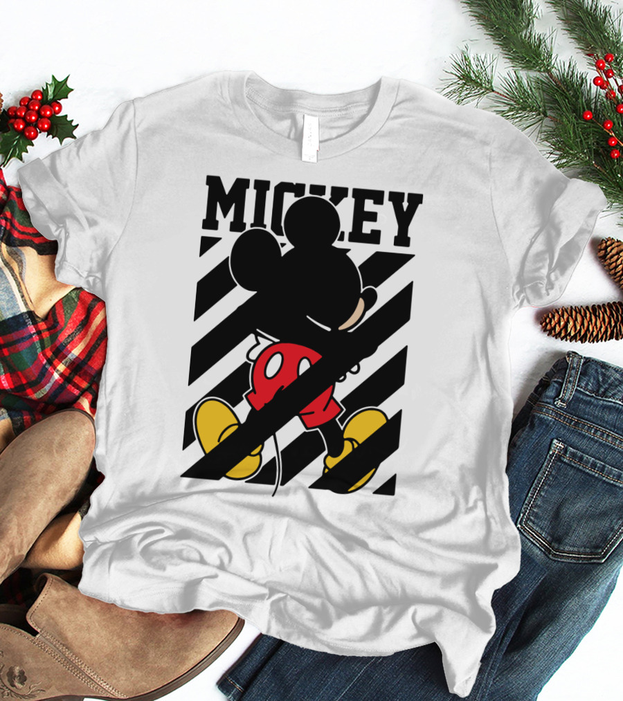 Mickey Mouse Black And White Stripes Red Yellow T-Shirt