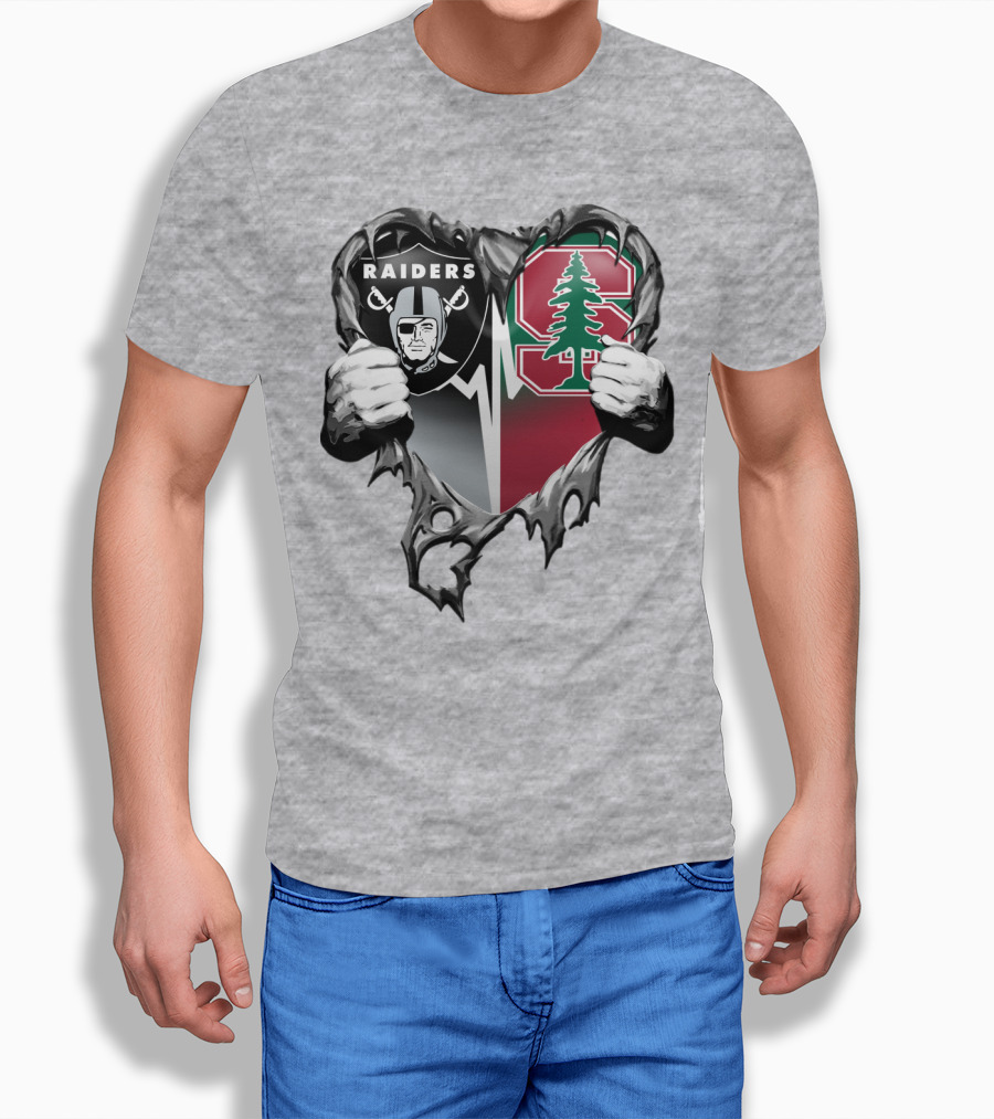 Raiders Stanford Cardinal Heart Football Fusion T-Shirt