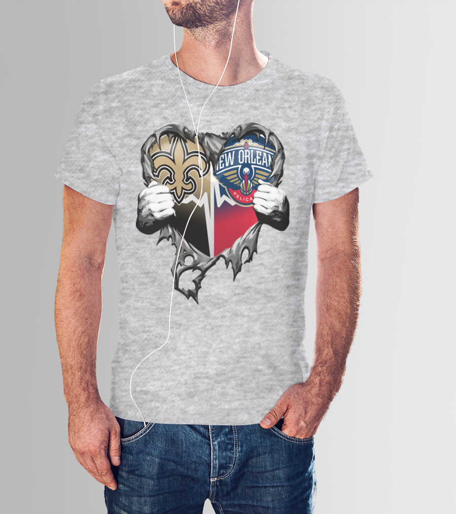 New Orleans Saints Pelicans Heart Tear T-Shirt