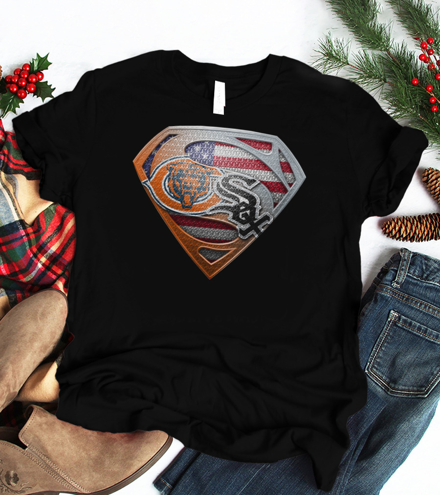 Chicago Bears White Sox American Flag Superman Shield T-Shirt