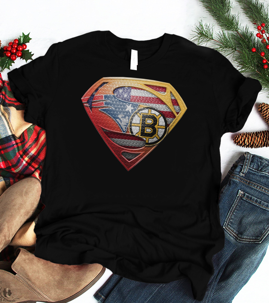 Superman Shield American Flag Boston Bruins New England Patriots T-Shirt