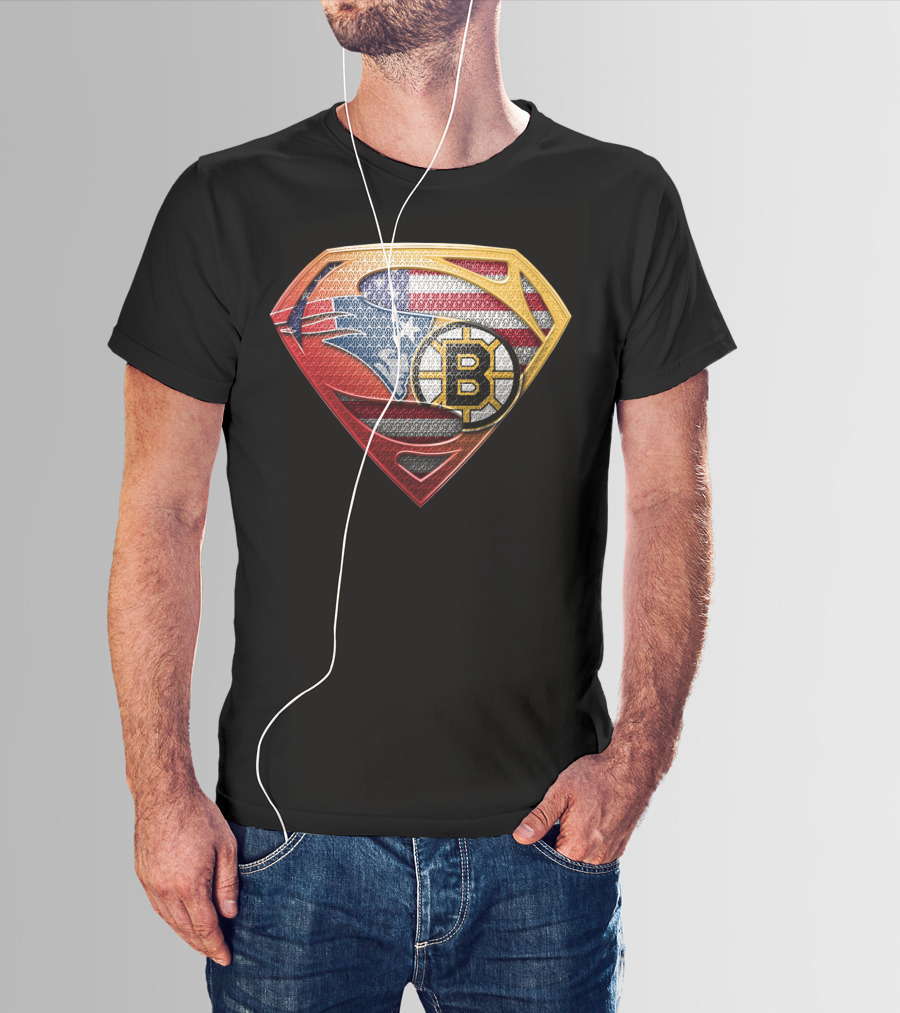 Superman Shield American Flag Boston Bruins New England Patriots T-Shirt