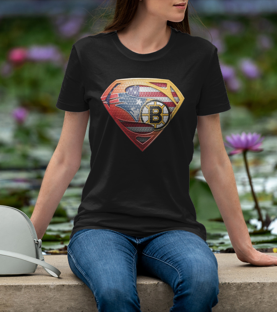 Superman Shield American Flag Boston Bruins New England Patriots T-Shirt