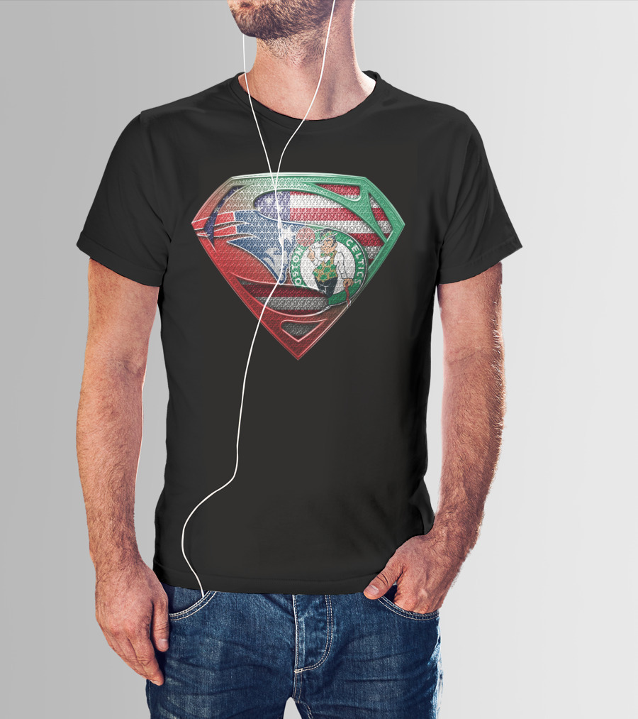 Superman Shield With Boston Celtics Logo And American Flag T-Shirt