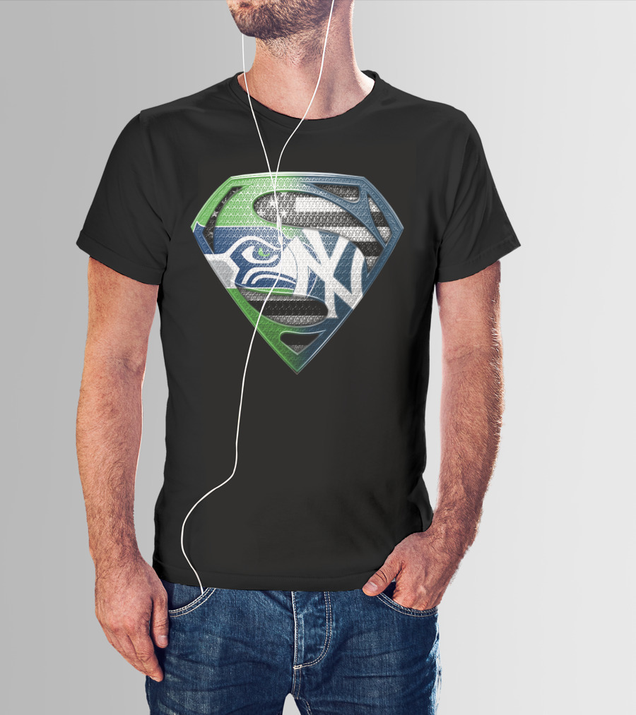 Seattle Seahawks New York Yankees Superman Shield Logo Mashup T-Shirt