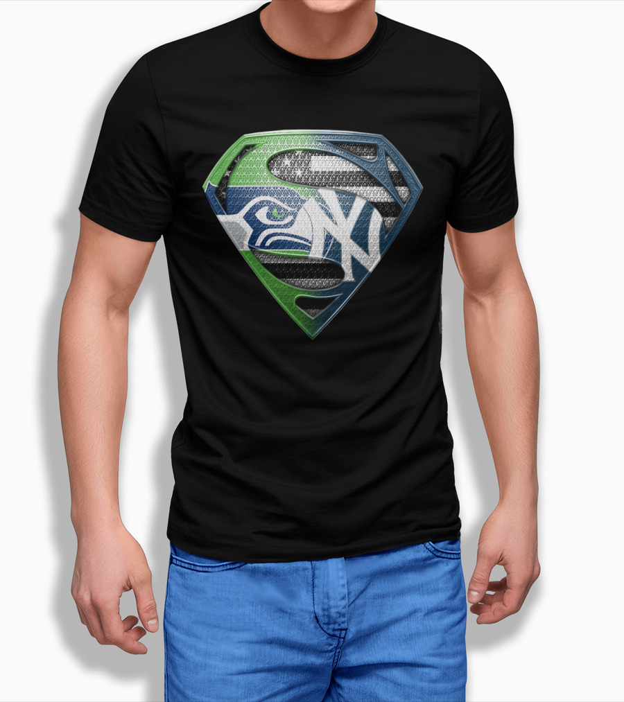 Seattle Seahawks New York Yankees Superman Shield Logo Mashup T-Shirt
