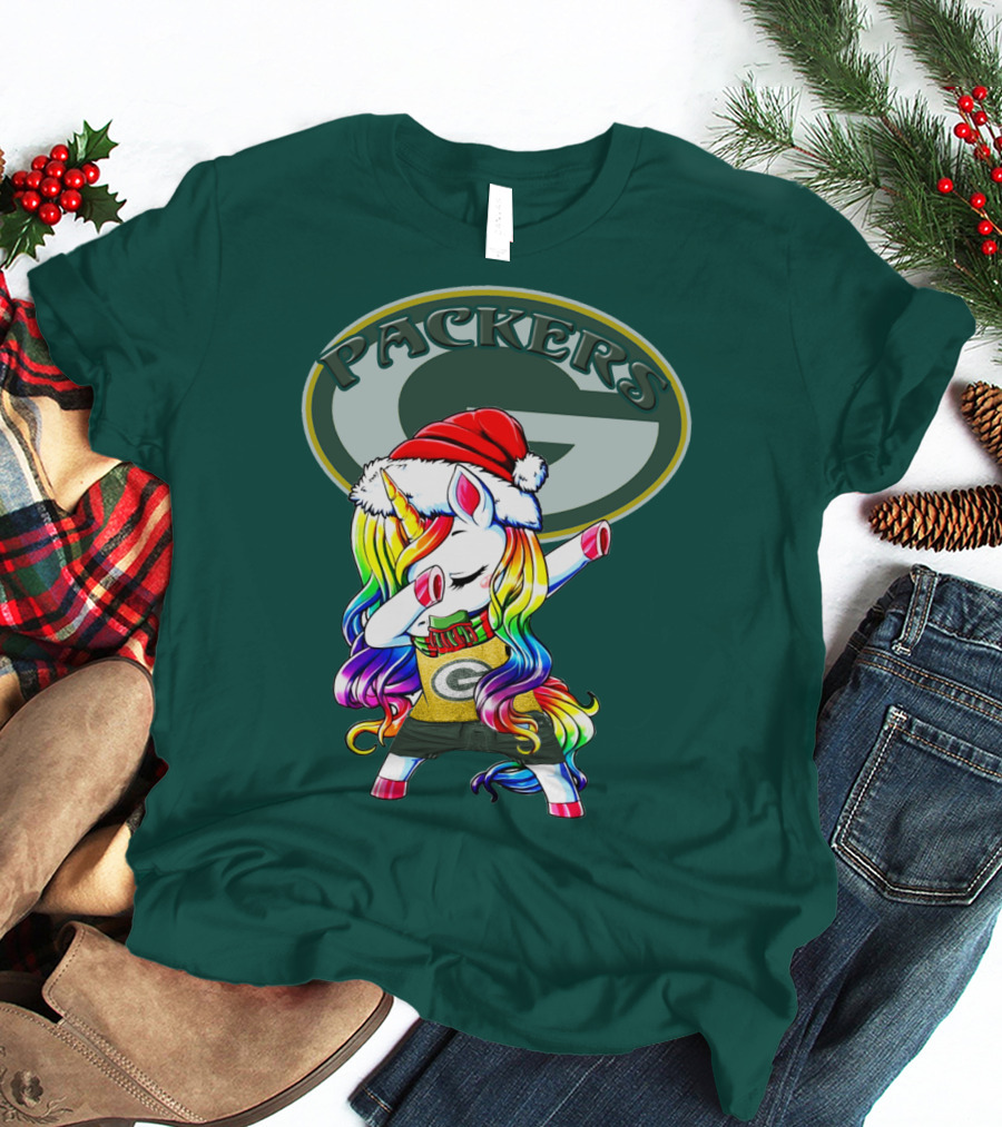 Packers Unicorn Dabbing Santa Hat Green Gold T-Shirt