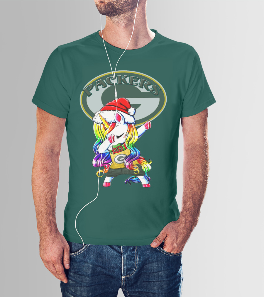Packers Unicorn Dabbing Santa Hat Green Gold T-Shirt