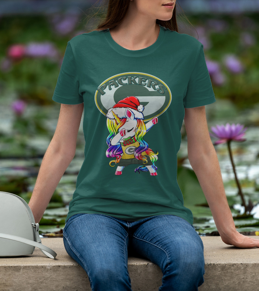 Packers Unicorn Dabbing Santa Hat Green Gold T-Shirt
