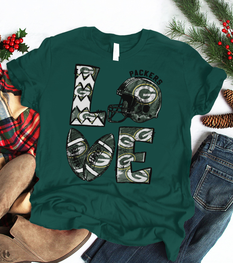 Packers Love Football Helmet And Ball Green Bay Packers T-Shirt
